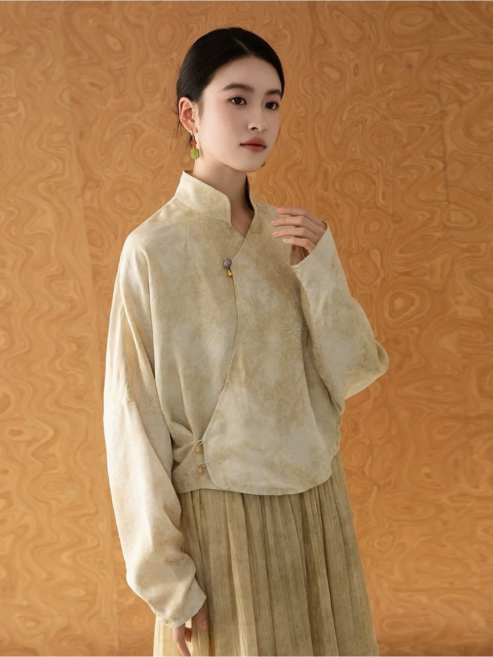 Light Olive Vintage-Inspired Mandarin Collar Top